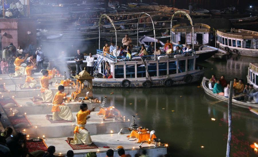 Ganga Aarti viewed from a boat in Varanasi